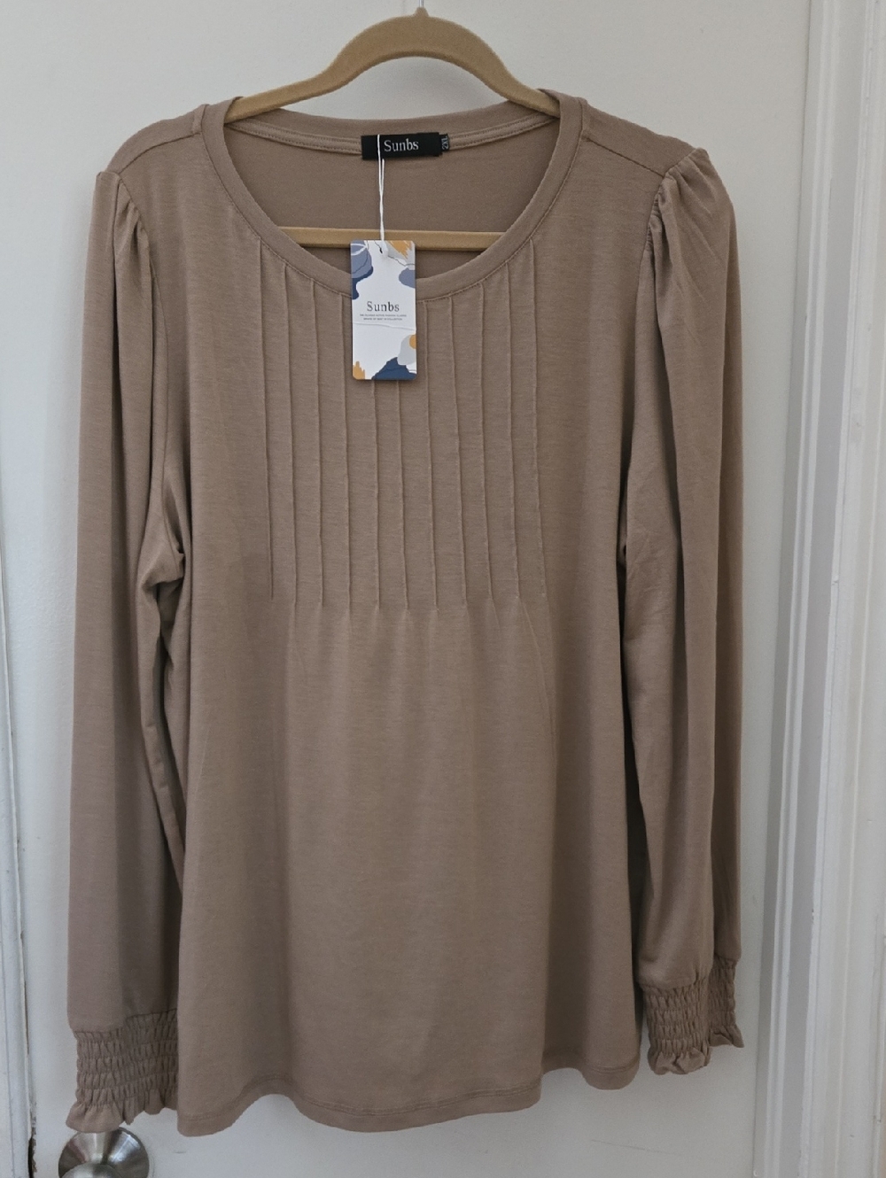 Taupe Pleated Front Long-Sleeve Jersey Top